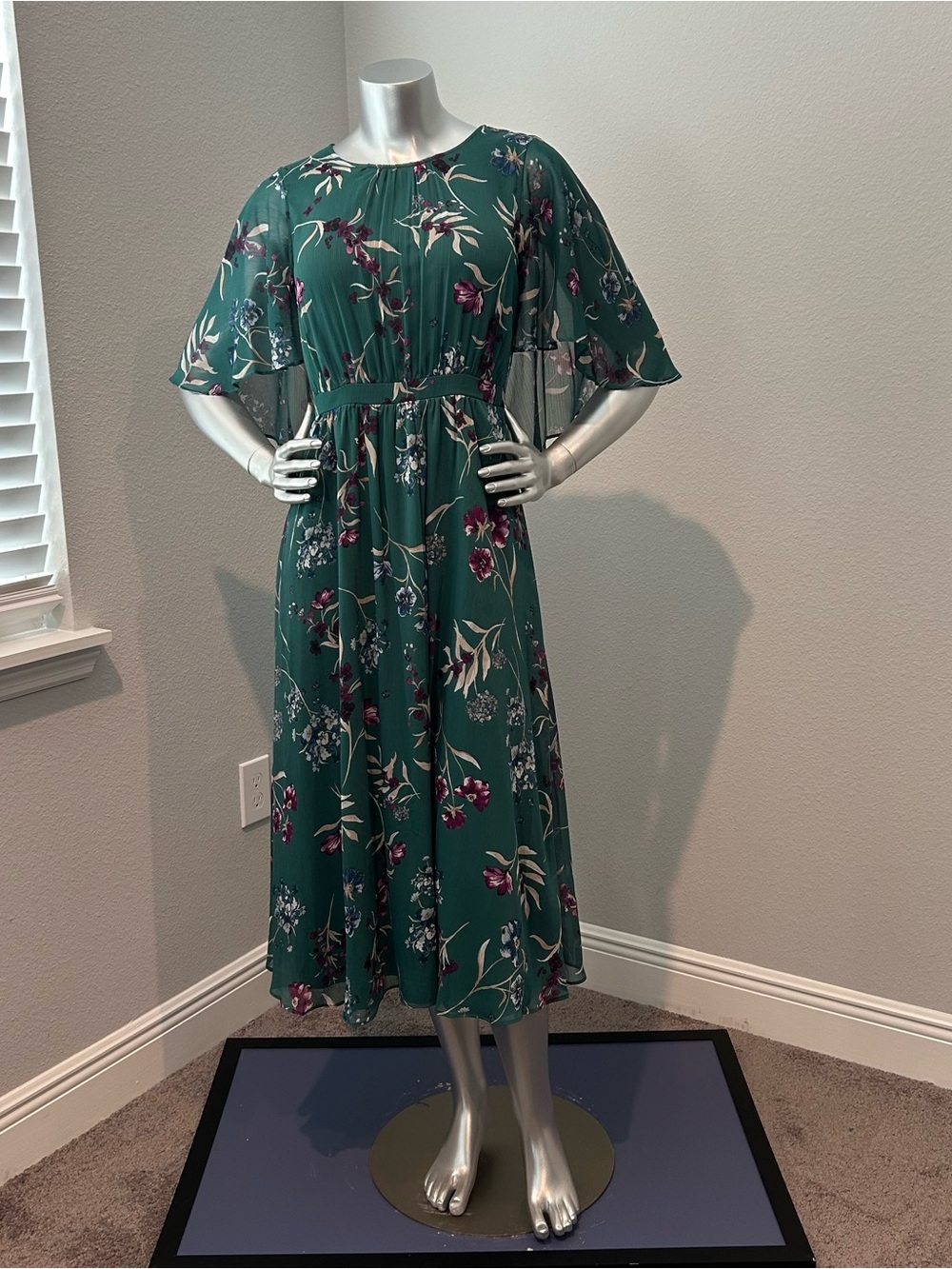 Calvin Klein Forest Green Floral Midi Dress with Flutter Sleeves